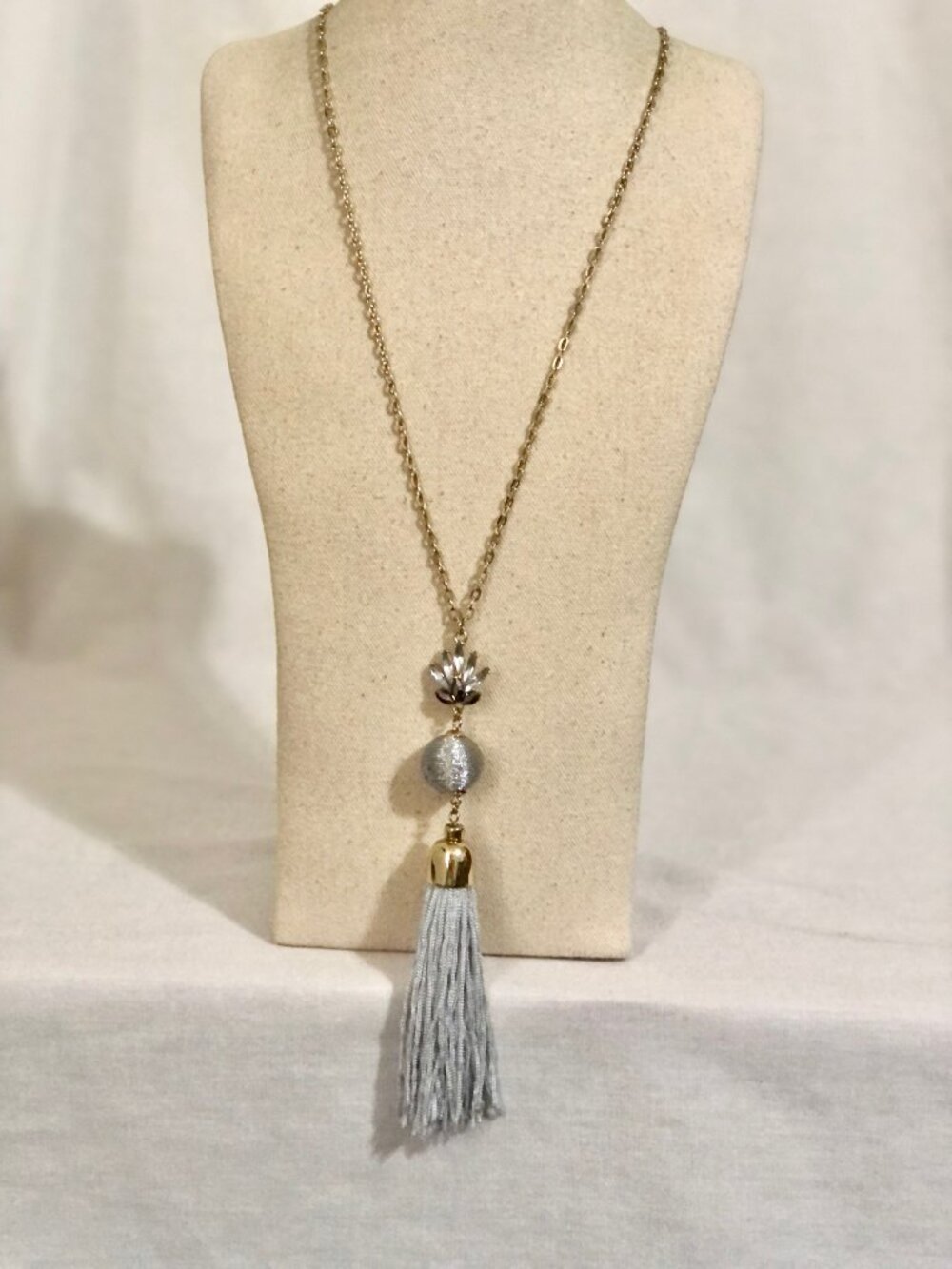 INC Gold Tone Long Chain Grey Stone & Tassel Pendant Necklace